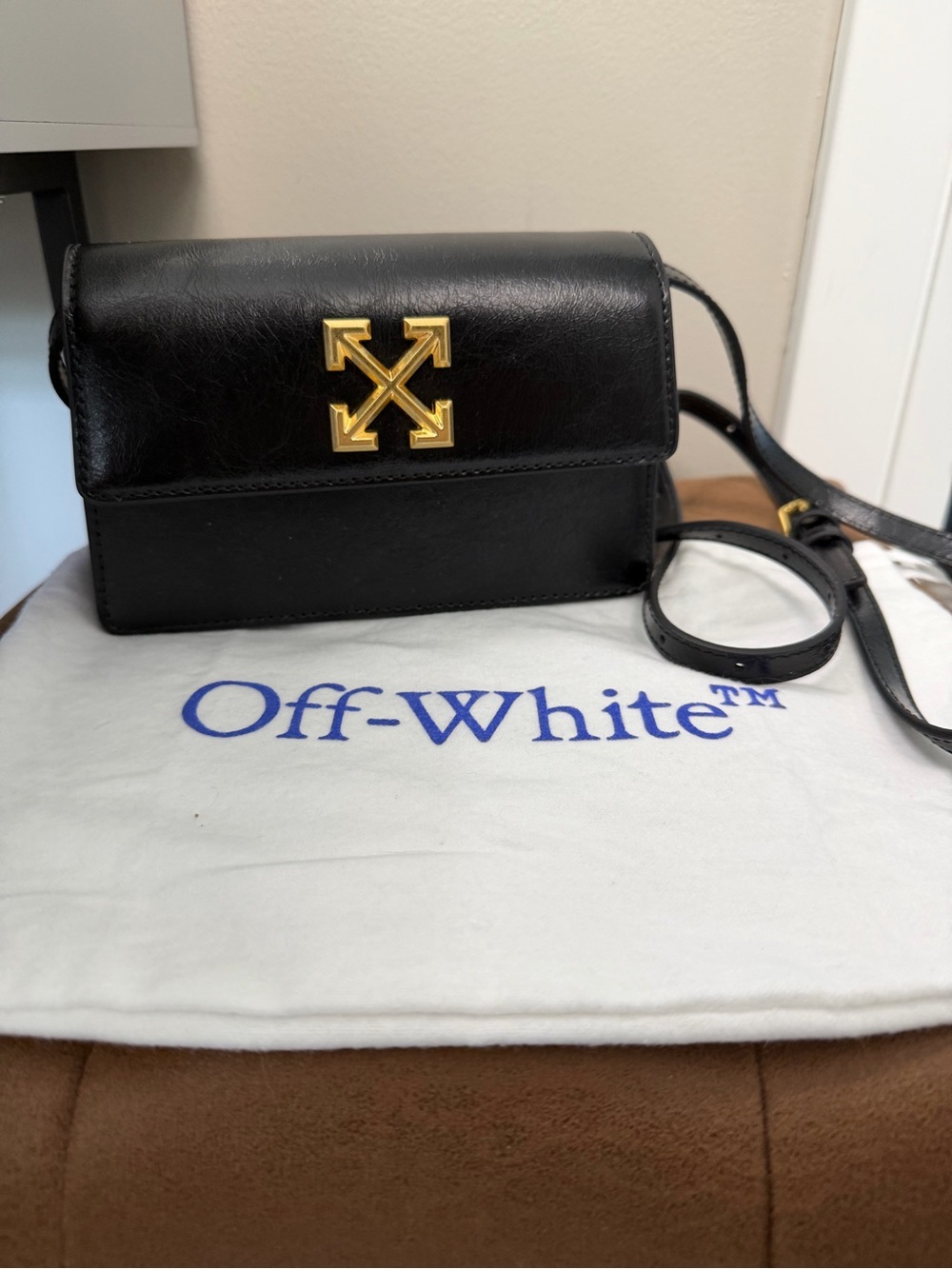 Off-White Black Leather Crossbody with Gold Arrow Motif